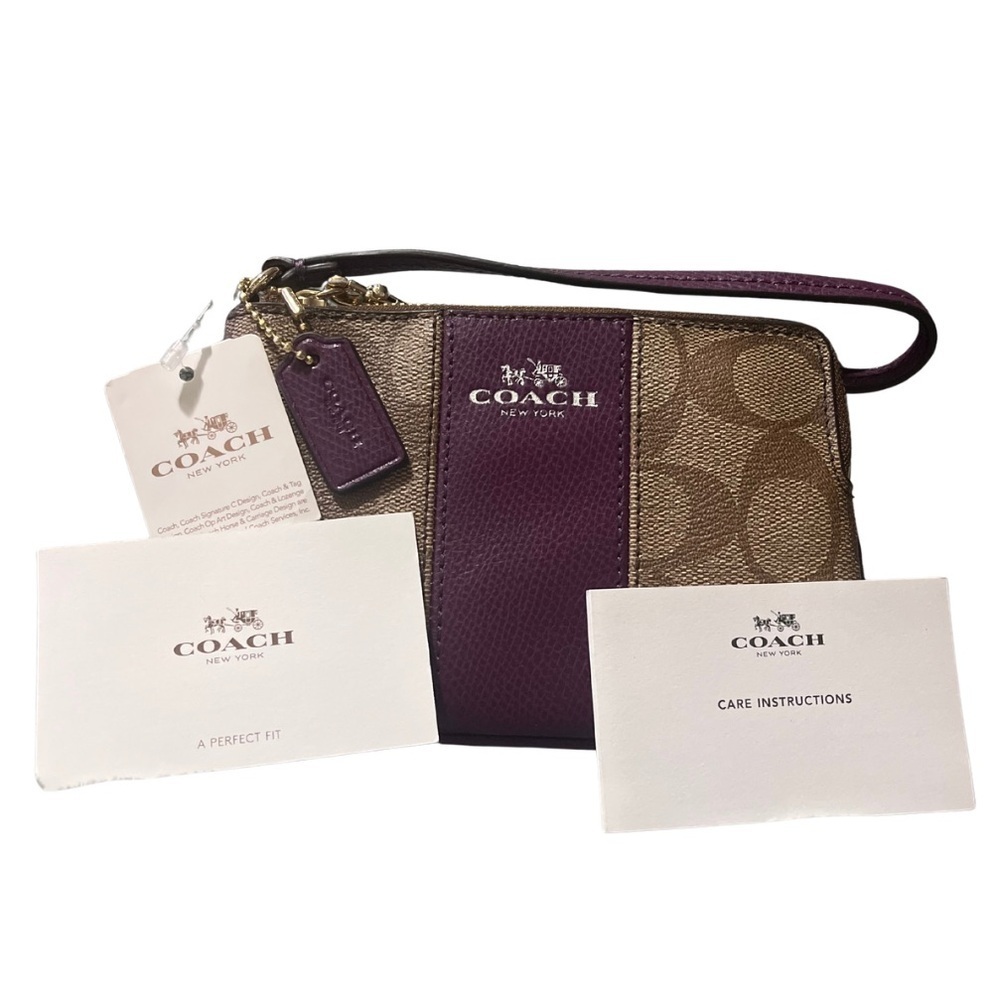 COACH F64233 Signature Coated Canvas Corner Zip Wristlet Purple Stripe
